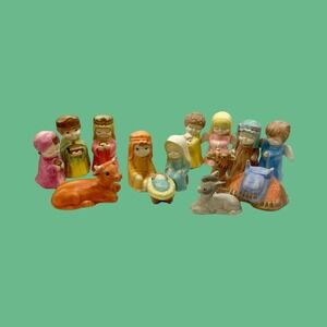 Vintage Handmade Pastel Bisque Nativity Set, 13 Piece